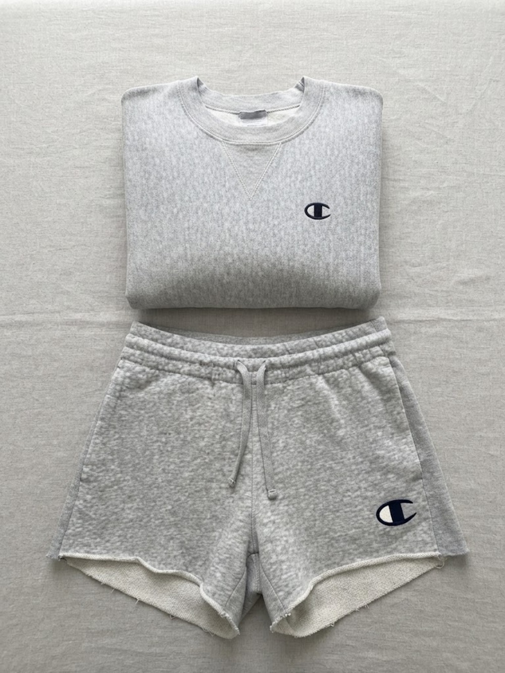 Champion Light Gray Terry Sweatshirt and Matching Athletic Shorts, Size L/M - Picture 3 of 14